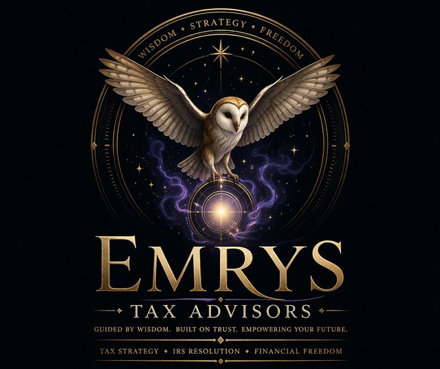 Emrys Tax Advisors logo: an owl in flight over a glowing star, with the words Wisdom, Strategy, Freedom